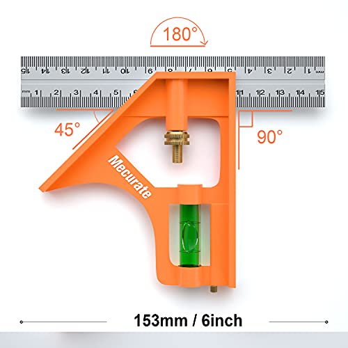 Mecurate 6“ Combination Square, 6 Inch 150mm Stainless Steel Combo Square for Accurate and Adjustable Woodworking Measurement with 2pcs Carpentery Pencils - Image 3