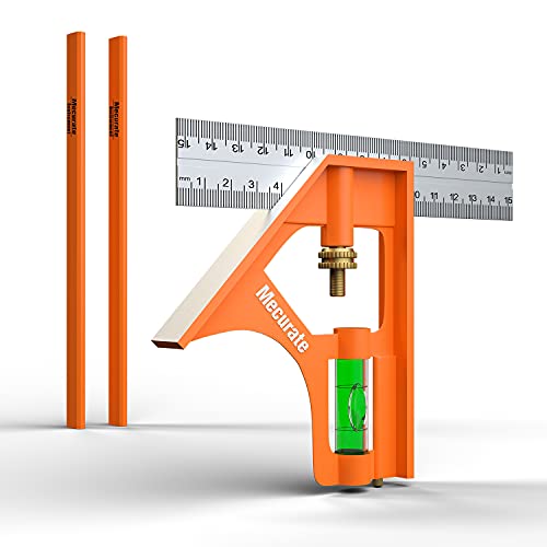 Mecurate 6“ Combination Square, 6 Inch 150mm Stainless Steel Combo Square for Accurate and Adjustable Woodworking Measurement with 2pcs Carpentery Pencils - Image 1