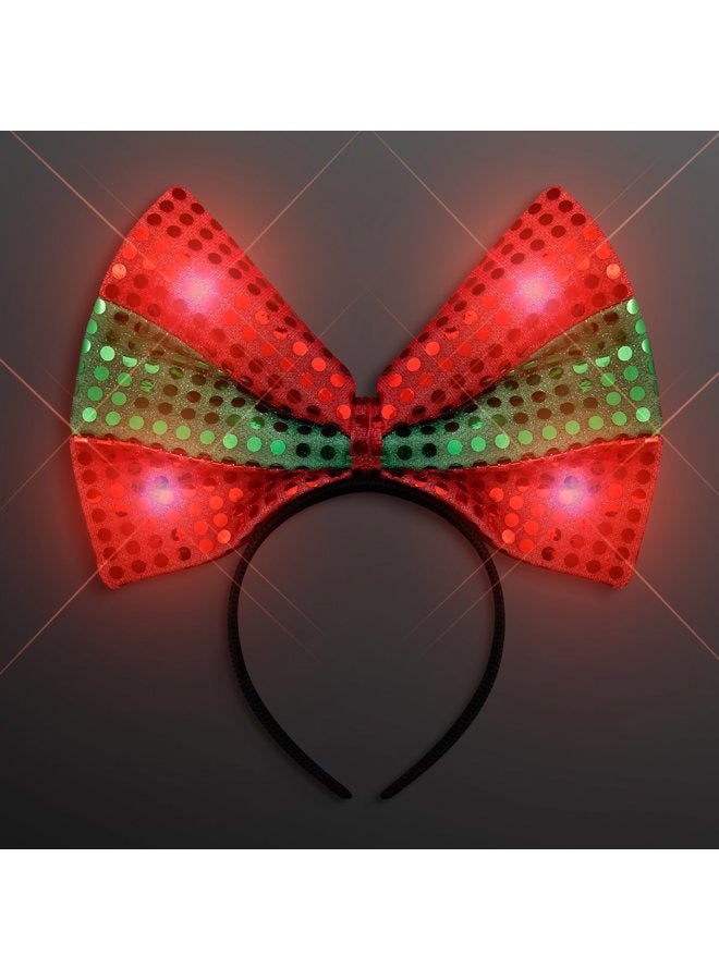 FlashingBlinkyLights Sequin Light Up Green & Red Christmas Bow Headband - Image 1