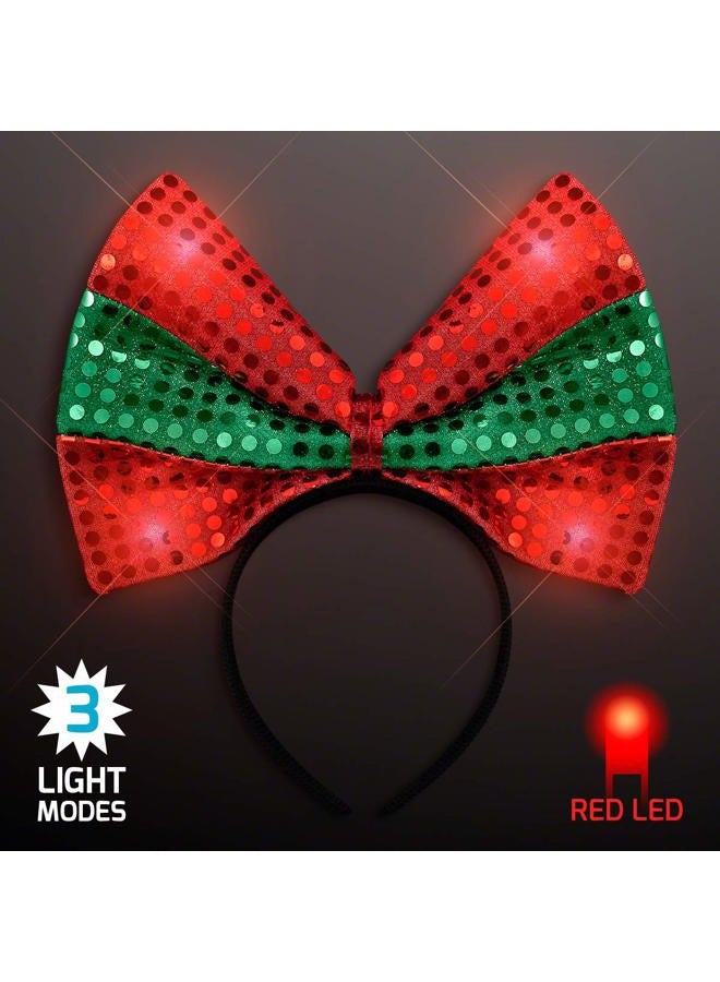 FlashingBlinkyLights Sequin Light Up Green & Red Christmas Bow Headband - Image 3