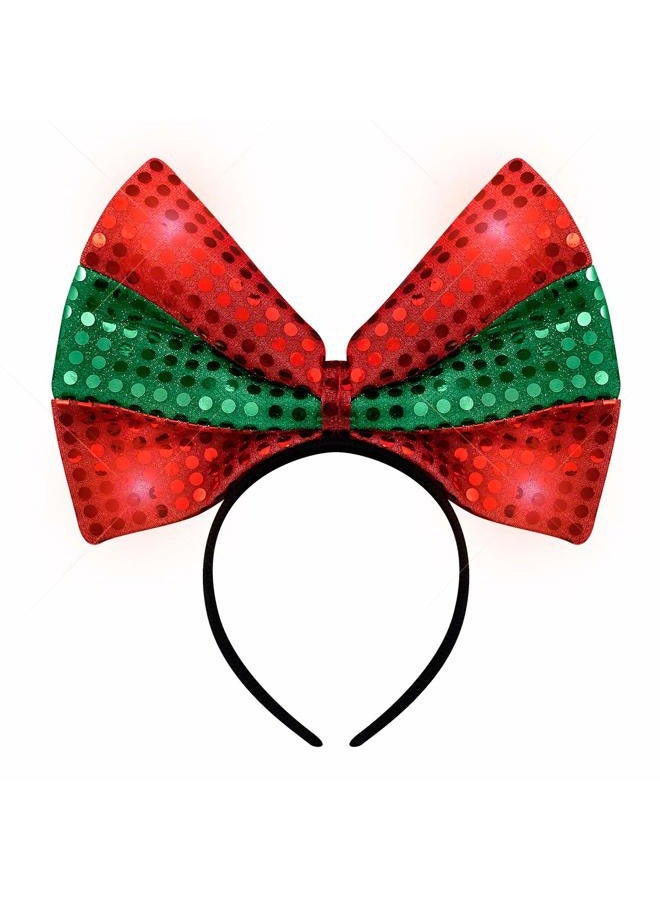 FlashingBlinkyLights Sequin Light Up Green & Red Christmas Bow Headband - Image 4