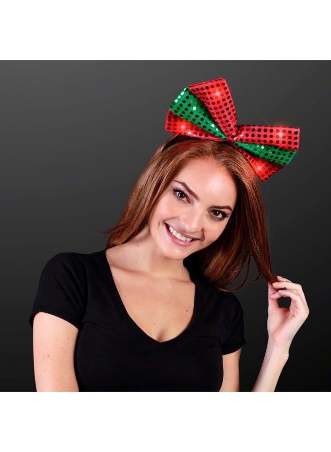 FlashingBlinkyLights Sequin Light Up Green & Red Christmas Bow Headband - Image 2