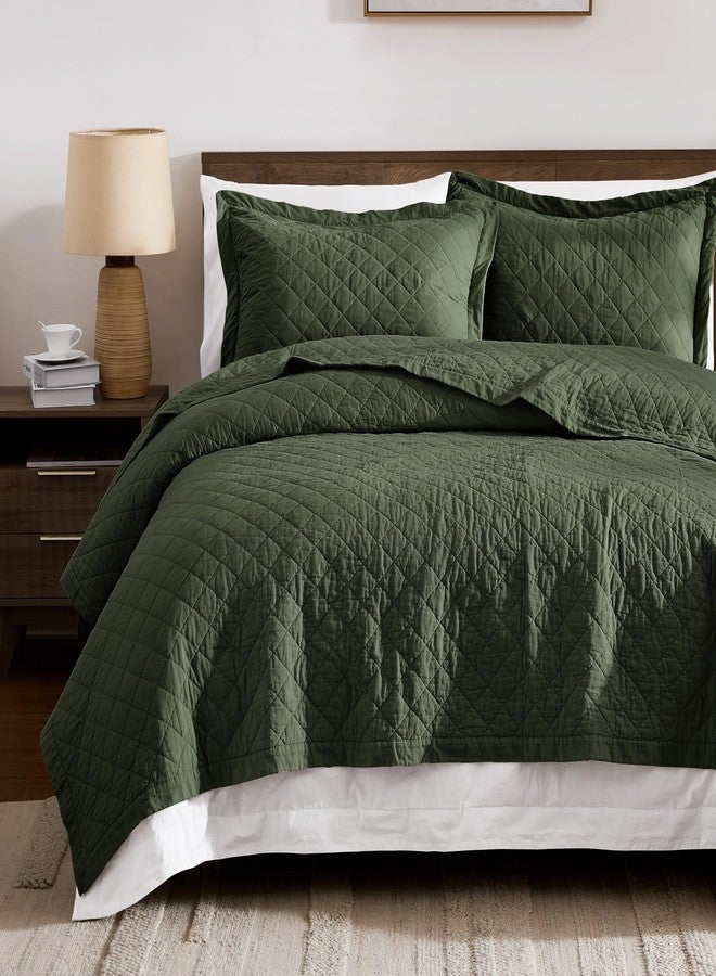WDCOZY 100% Cotton Oversized King Size Quilt Set - Olive Green California Cal King Soft Lightweight Bedspread, Textured Like Linen, Farmhouse Country Rustic Coverlet, Diamond Stitch Bedding - Image 1
