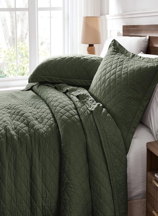 WDCOZY 100% Cotton Oversized King Size Quilt Set - Olive Green California Cal King Soft Lightweight Bedspread, Textured Like Linen, Farmhouse Country Rustic Coverlet, Diamond Stitch Bedding - Image 4