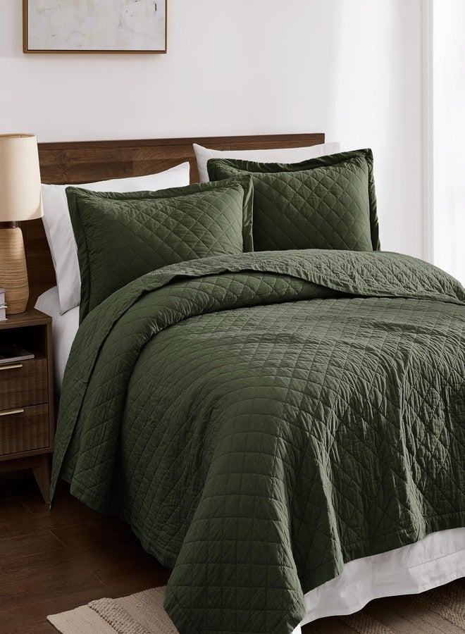 WDCOZY 100% Cotton Oversized King Size Quilt Set - Olive Green California Cal King Soft Lightweight Bedspread, Textured Like Linen, Farmhouse Country Rustic Coverlet, Diamond Stitch Bedding - Image 2