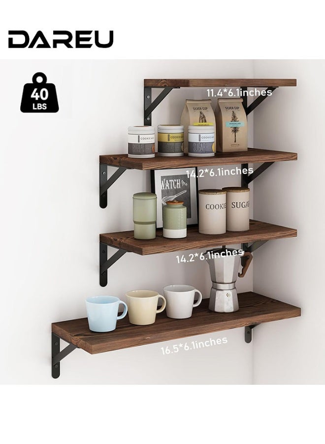 DAREU 4PCS Rustic Floating Shelves Wall Mounted, Multi-Size Paulownia and Distressed Pine Wood Shelves with Metal Brackets, Decorative Wall Storage for Bathroom, Bedroom, Living Room, Kitchen, Home Decor and Organization - Image 3