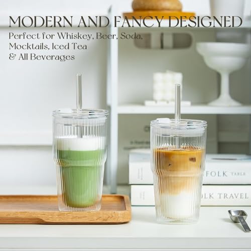 KEMORELA 16oz Ribbed Glass tumbler with Lids and Straws 2pcs,Double Wall Iced Coffee Cups with Lids,Coffee Bar Accessories, Insulated Borosilicate Glass Tumblers, To Go Coffee Cups, Spill proof - Image 2