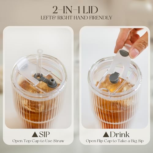 KEMORELA 16oz Ribbed Glass tumbler with Lids and Straws 2pcs,Double Wall Iced Coffee Cups with Lids,Coffee Bar Accessories, Insulated Borosilicate Glass Tumblers, To Go Coffee Cups, Spill proof - Image 5