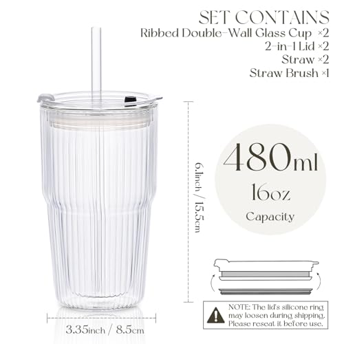 KEMORELA 16oz Ribbed Glass tumbler with Lids and Straws 2pcs,Double Wall Iced Coffee Cups with Lids,Coffee Bar Accessories, Insulated Borosilicate Glass Tumblers, To Go Coffee Cups, Spill proof - Image 3