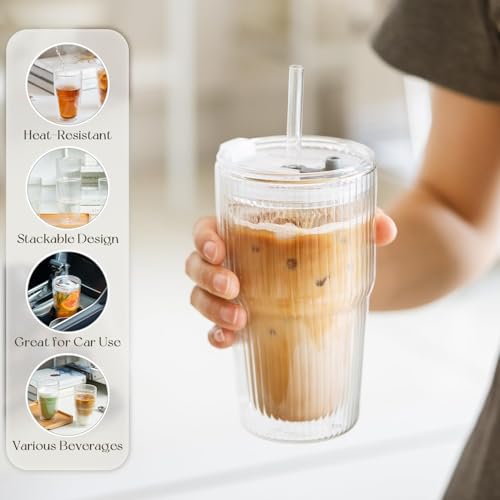 KEMORELA 16oz Ribbed Glass tumbler with Lids and Straws 2pcs,Double Wall Iced Coffee Cups with Lids,Coffee Bar Accessories, Insulated Borosilicate Glass Tumblers, To Go Coffee Cups, Spill proof - Image 4