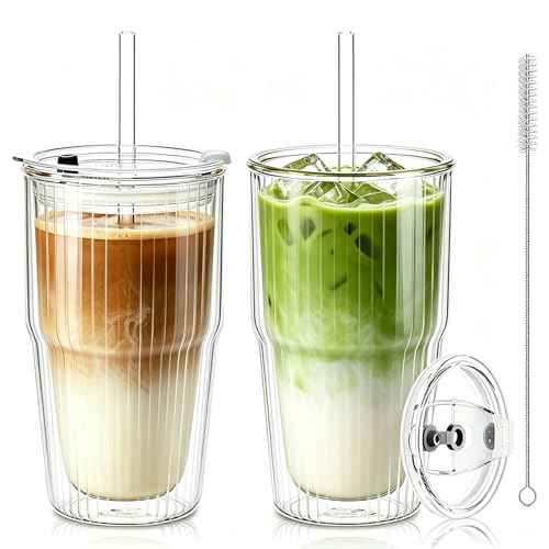 KEMORELA 16oz Ribbed Glass tumbler with Lids and Straws 2pcs,Double Wall Iced Coffee Cups with Lids,Coffee Bar Accessories, Insulated Borosilicate Glass Tumblers, To Go Coffee Cups, Spill proof - Image 1