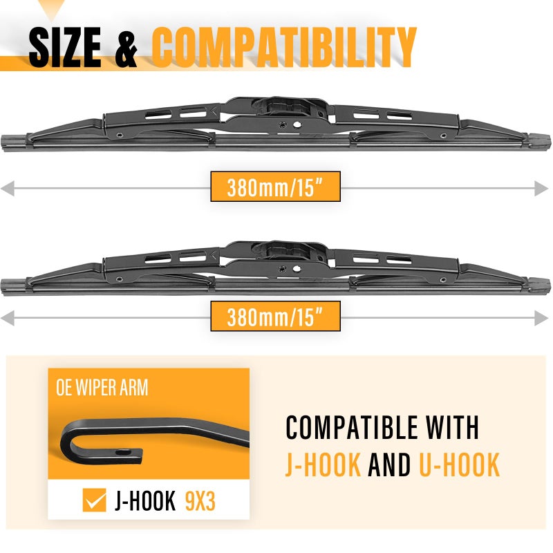 AUTOBOO 15"+15" Wiper Blades Replacement for Jeep Wrangler Front Windshield wipers 2007-2017- Original Factory Quality (Pack of 2) - Image 3