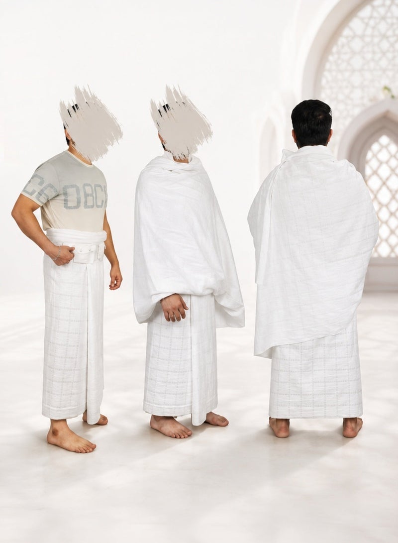 طقم إحرام رجالي قطعتان للحج والعمرة مع حزام خصر بجيب آمن، قماش ناعم عالي الجودة، وزن 1000 جم، مقاس 85 × 43 بوصة لكل قطعة، أبيض - Image 4