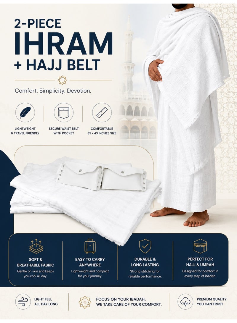 طقم إحرام رجالي قطعتان للحج والعمرة مع حزام خصر بجيب آمن، قماش ناعم عالي الجودة، وزن 1000 جم، أبيض - Image 1