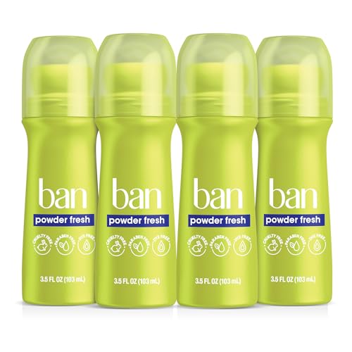 Ban Invisible Rollon Antiperspirant Deodorant for Women and Men 24hour Underarm Odor Sweat Protection Powder Fresh 35 Oz Pack of 4