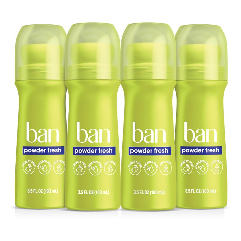 Ban Invisible Rollon Antiperspirant Deodorant for Women and Men 24hour Underarm Odor  Sweat Protection Powder Fresh 35 Oz Pack of 4 - Image 3