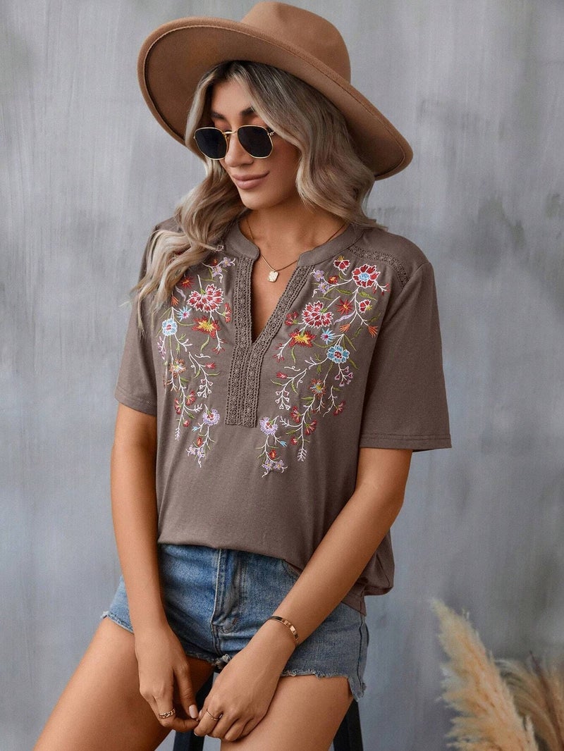 Summer New Fashion Multi-Thread Embroidery Patchwork Lace Trim Top Women's T-Shirt