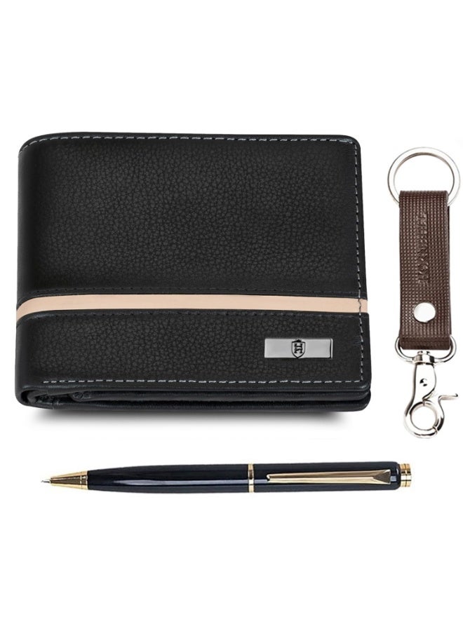 HORNBULL Black Mens Leather Purse Combo Gift Set | Leather Wallet, Key Chain& Pen Combo Valentine Gift Hamper - Image 3