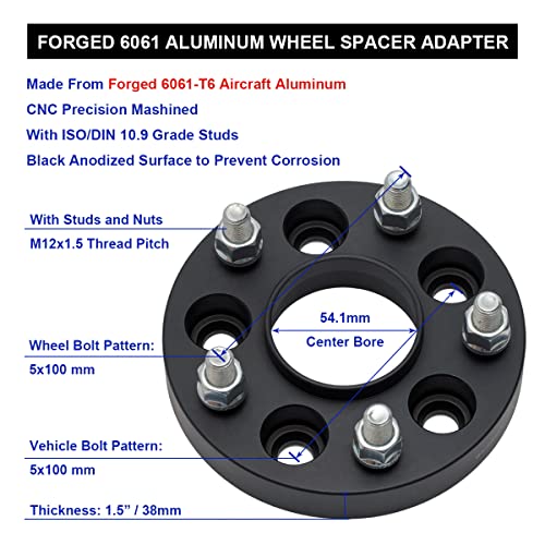 VLAOSCHI Black Forged 5x100 Hubcentric Wheel Spacers 1.5 Inch with 12x1.5 Studs 54.1mm Hub Bore Compatible with Toyota 5 Lug for 2003-2022 Corolla | 1983-1991 Camry | 2003-2019 Prius - Pack of 4 - Image 5