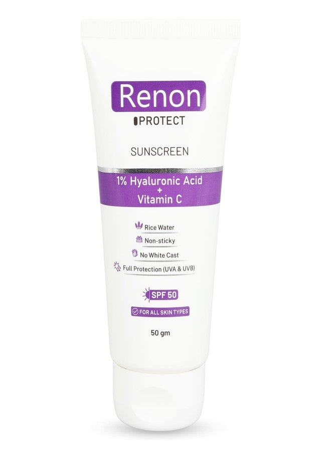 Renon Sunscreen - SPF 50 PA+++ 1% Hyaluronic Aqua Gel Sunscreen|Rice Water + Vitamin C|No white Cast |Non Sticky - Image 1