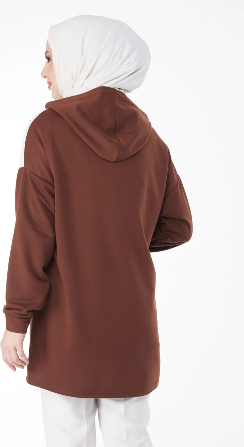Tofisa Plain Hooded Collar Women's Coffee Printed Hooded Sweatshirt - 13134