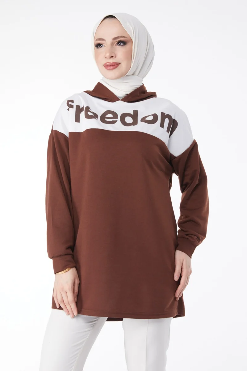 Tofisa Plain Hooded Collar Women's Coffee Printed Hooded Sweatshirt - 13134