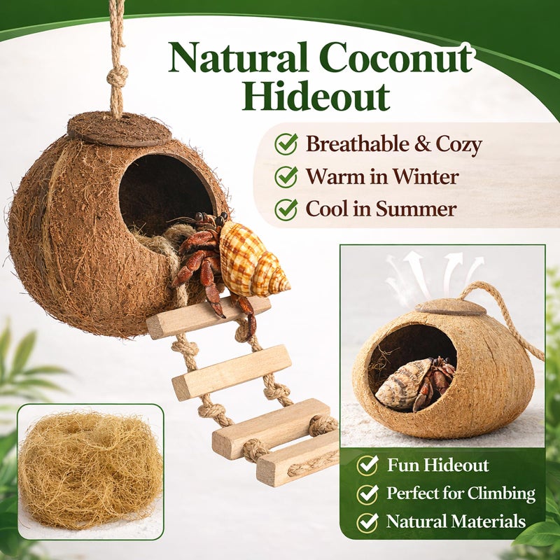 HERCOCCI Gecko Tank Accessories, Hermit Crab Toys Coconut Shell Natural Coconut Husk Hut with Climbing Ladder with Suction Cup for Leopard Gecko Snake Reptiles - Image 2