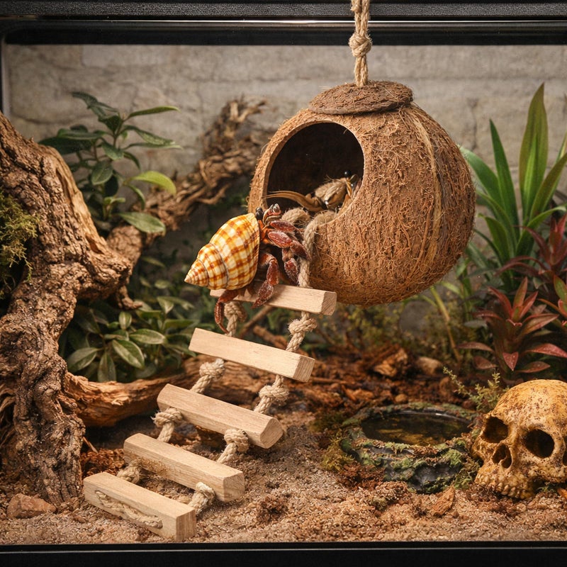 HERCOCCI Gecko Tank Accessories, Hermit Crab Toys Coconut Shell Natural Coconut Husk Hut with Climbing Ladder with Suction Cup for Leopard Gecko Snake Reptiles - Image 4
