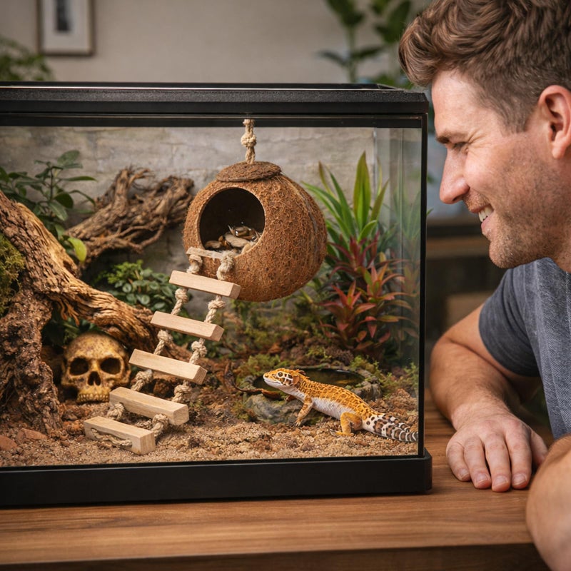 HERCOCCI Gecko Tank Accessories, Hermit Crab Toys Coconut Shell Natural Coconut Husk Hut with Climbing Ladder with Suction Cup for Leopard Gecko Snake Reptiles - Image 5