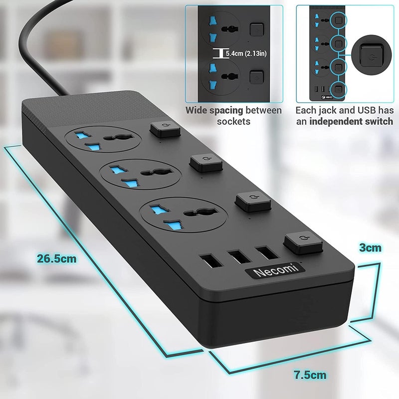 Necomi Extension Lead with 3 USB Slots | 5 Meter Cable Cord Power Strip, 3 Way Universal Socket | Smart Charging Station Hub, Individually Switched, Surge Protected, and Wall Mount UK Plug (Black) - Image 5