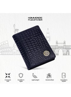 HAMMONDS FLYCATCHER HAMMONDS FLYCATCHER Genuine Leather Card Holder for Men, Credit Card Holder, Slim Bi-Fold RFID Protected Credit Card Wallet for Men with 4 Card Slot (Fits Upto 8 Cards), Metal Snap Button - Croc Blue  - Image 3