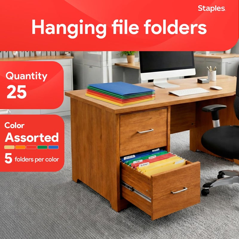 Staples Heavyâ€‘Duty Reinforced Hanging File Folders, Legal Size, 1/5â€‘Cut Tabs, Assorted Colors, Durable Boxâ€‘Bottom Construction â€“ 25/Box - Image 2