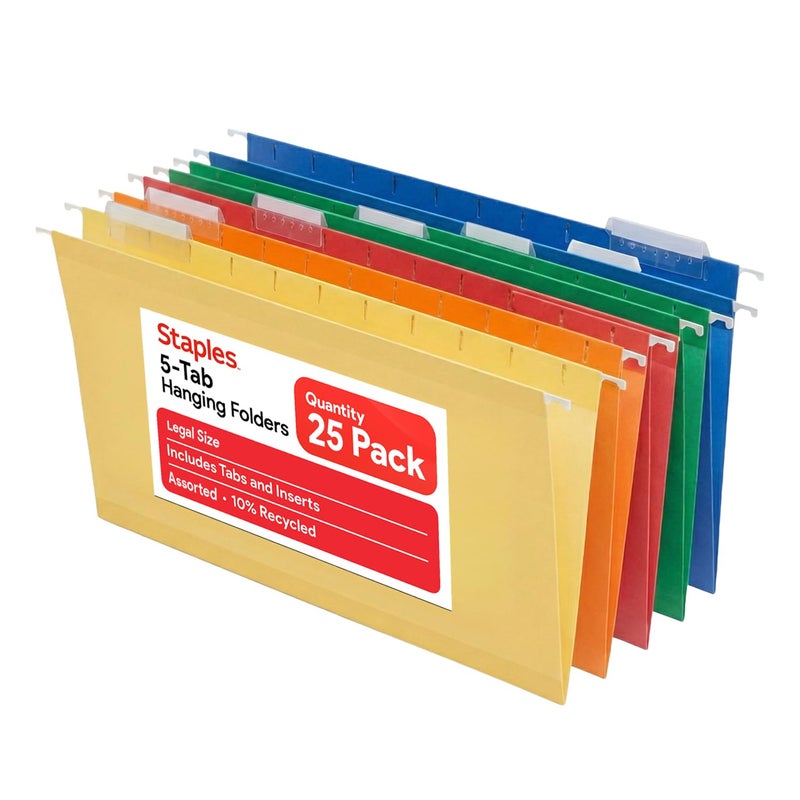 Staples Heavyâ€‘Duty Reinforced Hanging File Folders, Legal Size, 1/5â€‘Cut Tabs, Assorted Colors, Durable Boxâ€‘Bottom Construction â€“ 25/Box - Image 1
