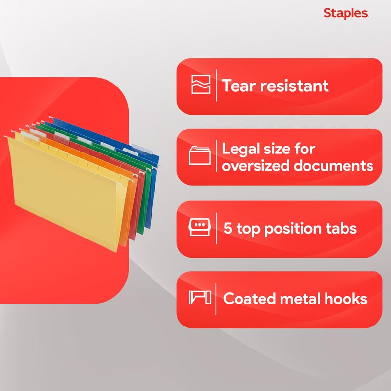 Staples Heavyâ€‘Duty Reinforced Hanging File Folders, Legal Size, 1/5â€‘Cut Tabs, Assorted Colors, Durable Boxâ€‘Bottom Construction â€“ 25/Box - Image 4