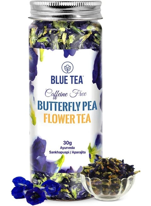 BLUE TEA Butterfly Pea Flower Tea 30g | 60+ Cups | Caffeine-Free Herbal Tea | Super Antioxidant | Aparajita Shankhpushpi | Non-GMO | Featured on Shark Tank | Reusable PET Jar