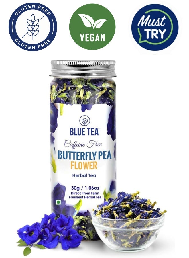 BLUE TEA Butterfly Pea Flower Tea 30g | 60+ Cups | Caffeine-Free Herbal Tea | Super Antioxidant | Aparajita Shankhpushpi | Non-GMO | Featured on Shark Tank | Reusable PET Jar - Image 1