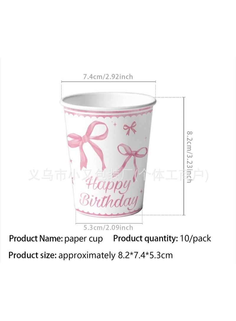 52 pcs Pink Bow Birthday Party Disposable Tableware Set for 10 Guests, Girl Birthday Party Decorations, Pink bow Plates, Cups, Napkins, Tablecloth and Hanger - Image 4