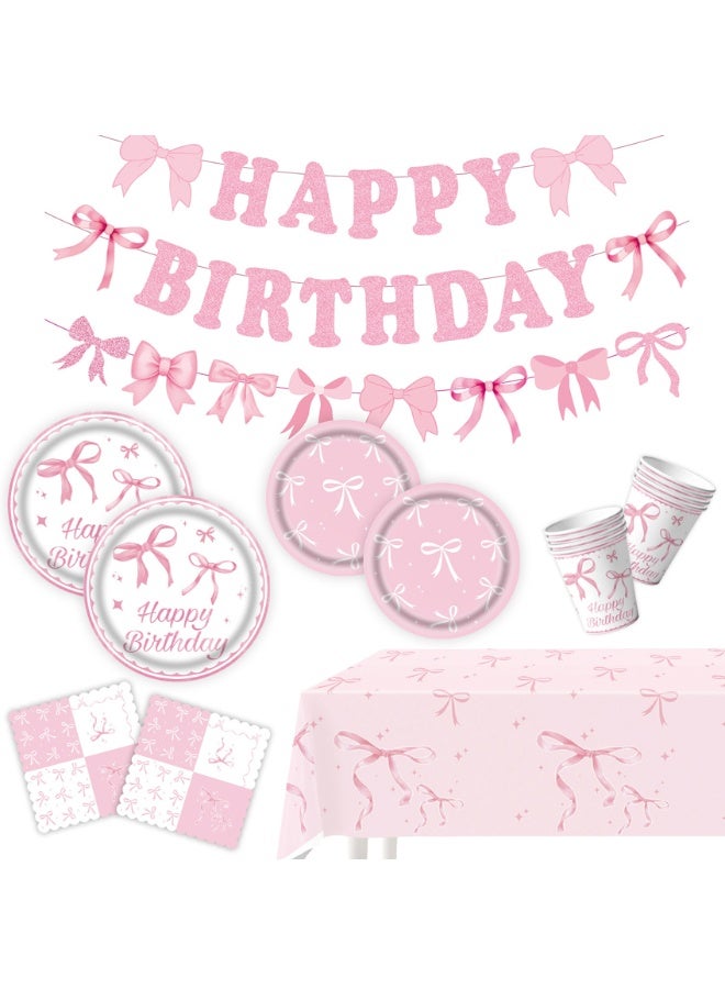 52 pcs Pink Bow Birthday Party Disposable Tableware Set for 10 Guests, Girl Birthday Party Decorations, Pink bow Plates, Cups, Napkins, Tablecloth and Hanger - Image 1
