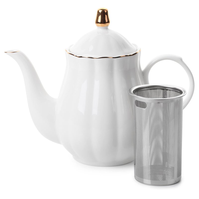 Brew To A Tea BTaT- Porcelain Tea Pot with Stainless Steel Infuser, 32 oz, White, Tea Pot with Gold Trim, Teapot with Infuser, Porcelain Teapot, Tea Brewing Pot, Teapots for Loose Tea - Image 1