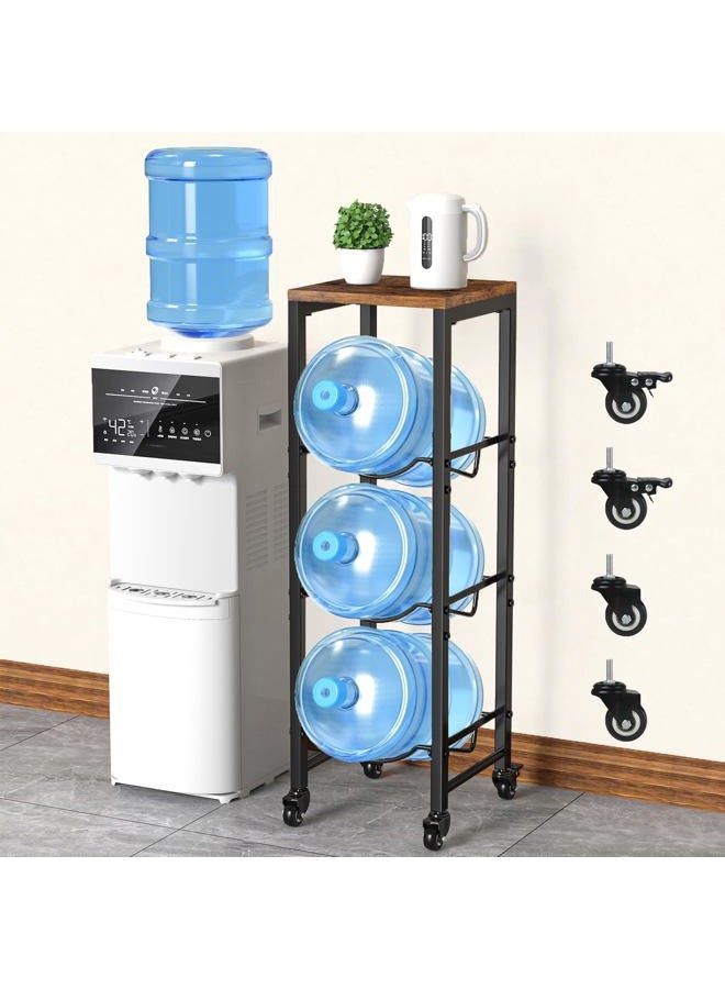 Dataroad Selead 5 Gallon Water Bottle Jug Holder 3-Tier Water Bottle Holder Organizer with Lockable Casters Heavy Duty Water Storage Rack Water Dispenser Stand With Wood Top Shelf for Kitchen Office Garage Brown - Image 1