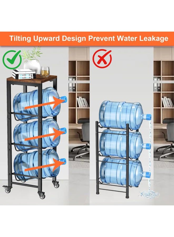 Dataroad Selead 5 Gallon Water Bottle Jug Holder 3-Tier Water Bottle Holder Organizer with Lockable Casters Heavy Duty Water Storage Rack Water Dispenser Stand With Wood Top Shelf for Kitchen Office Garage Brown - Image 4