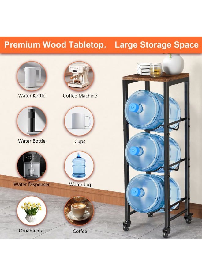 Dataroad Selead 5 Gallon Water Bottle Jug Holder 3-Tier Water Bottle Holder Organizer with Lockable Casters Heavy Duty Water Storage Rack Water Dispenser Stand With Wood Top Shelf for Kitchen Office Garage Brown - Image 3