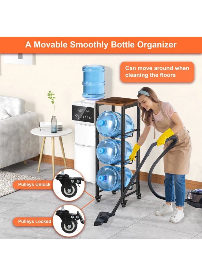 Dataroad Selead 5 Gallon Water Bottle Jug Holder 3-Tier Water Bottle Holder Organizer with Lockable Casters Heavy Duty Water Storage Rack Water Dispenser Stand With Wood Top Shelf for Kitchen Office Garage Brown - Image 2