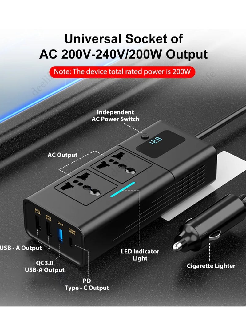 جديد محول سيارة 200 واط 12V DC إلى 220V AC شاشة LED 4 منافذ USB موجة جيبية نقية شحن سريع شاحن محول سيارة - Image 1