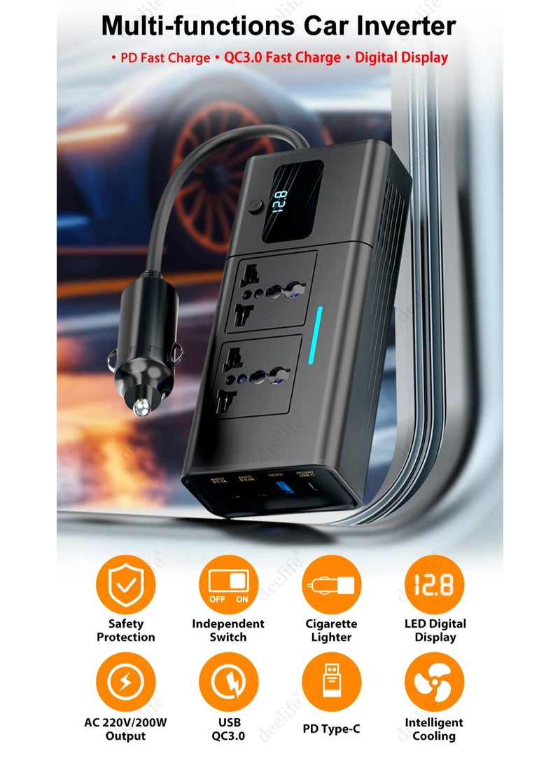 جديد محول سيارة 200 واط 12V DC إلى 220V AC شاشة LED 4 منافذ USB موجة جيبية نقية شحن سريع شاحن محول سيارة - Image 2