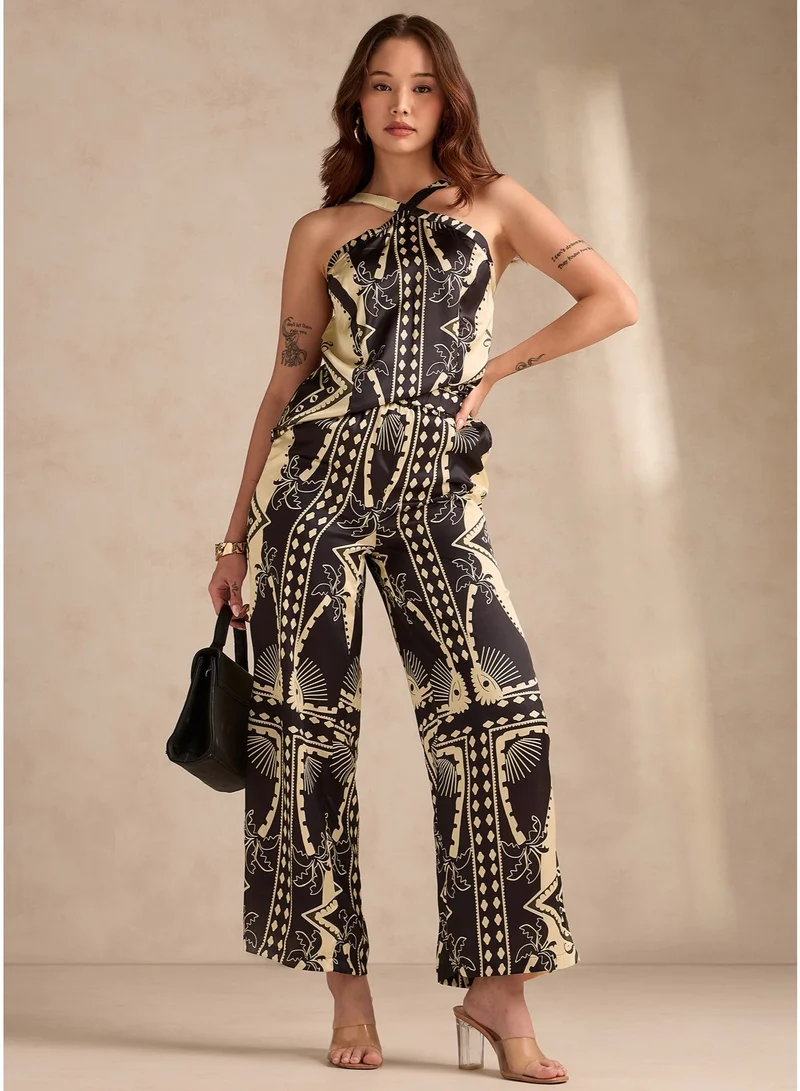 أوجيدر Black Scarf Print Coord Set With Halter Neck Assymentric Top Paired With Straight Fit Trousers