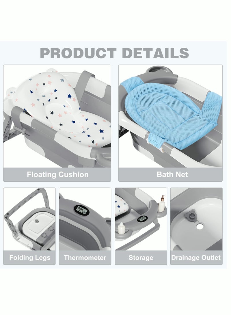 DOOKOO Foldable Collapsible Baby Bathtub With Mat and Temperature Sensing Thermometer White and Blue For Newborn Kids Child Toddlers Grey and White  - Image 3