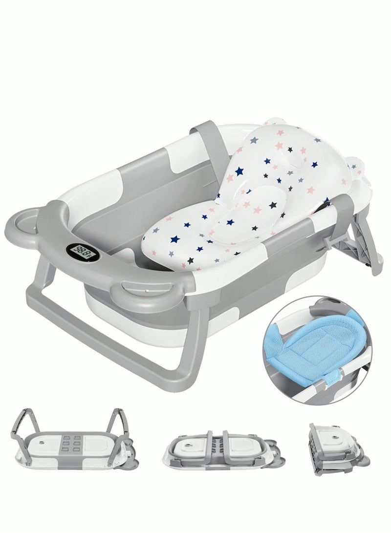 DOOKOO Foldable Collapsible Baby Bathtub With Mat and Temperature Sensing Thermometer White and Blue For Newborn Kids Child Toddlers Grey and White  - Image 1