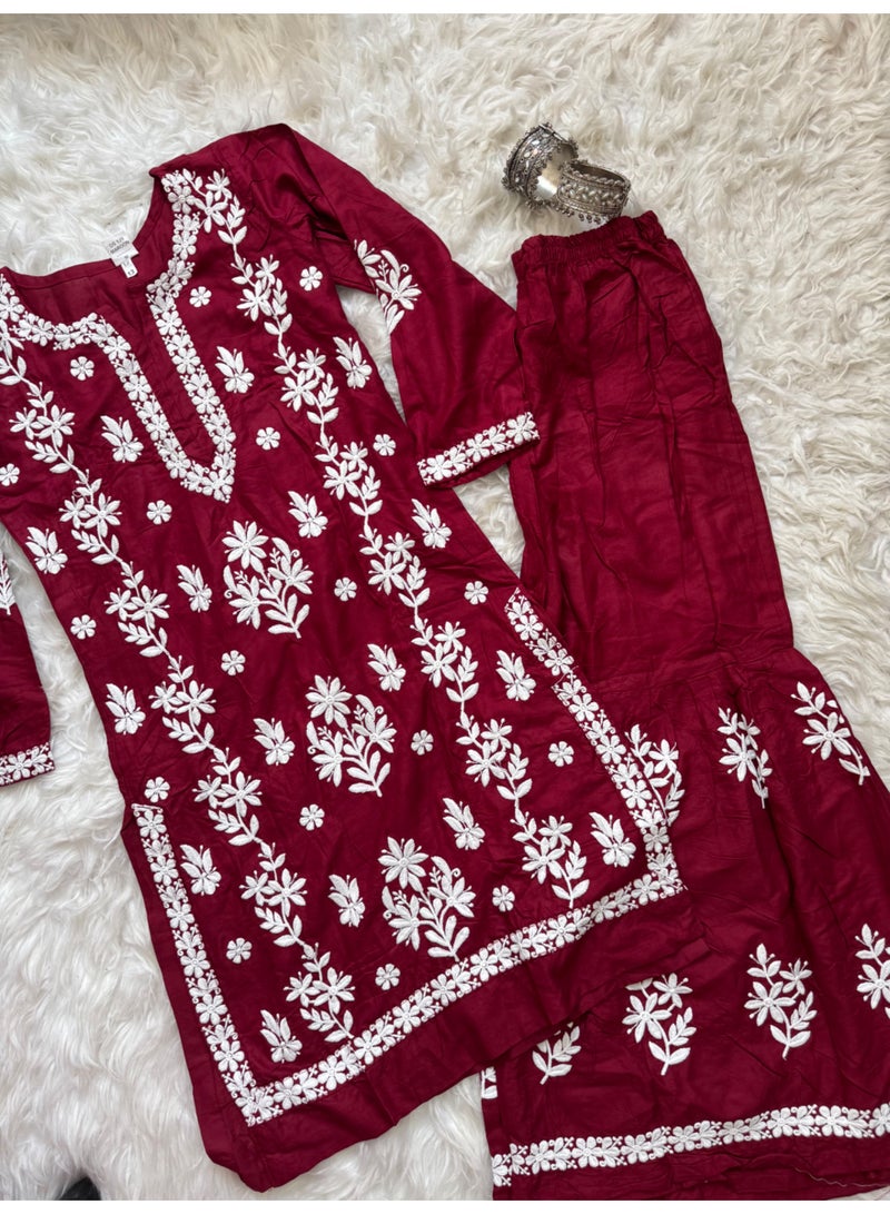 maroon chickenkari sharer set