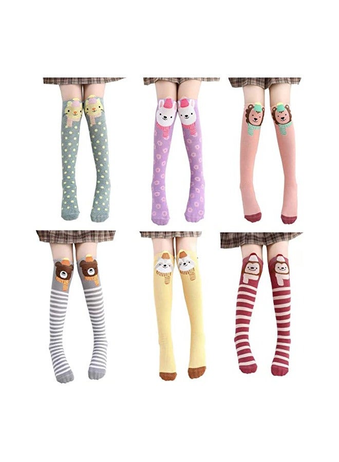 Girls Knee High Socks, 6 Colors Cartoon Animal Designs, Cat Bear Fox Over Calf Socks, Cotton Tube Socks for Kids Ages 2-12 - Image 1